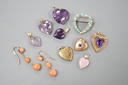 Nine assorted gem set heart shaoed pendants including amethyst and seed pearl, 21mm and turquoise and seed pearl and a pair of yellow metal and coral bead set drop earrings.